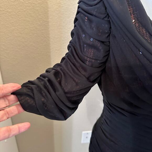 ALEX EVENINGS- Dress - Shimmering Rose Sequin Covered Ruches Black Chiffon SZ 6 - Picture 4 of 6